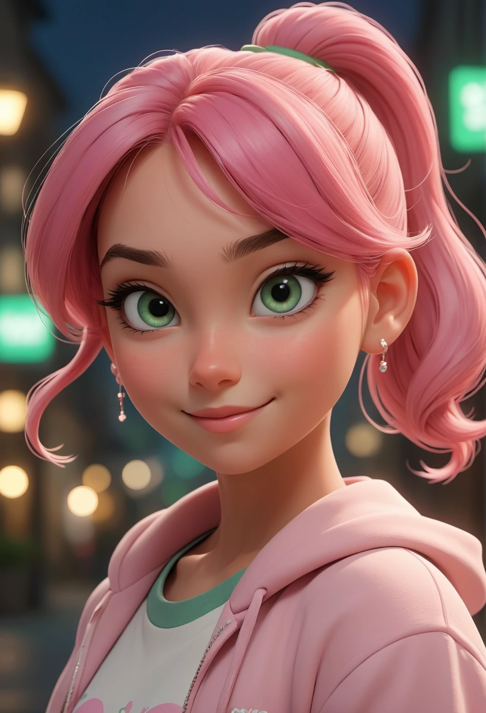 RCNZ_SDXL_Style cartoon night scene, close up photo of a sexy girl, posing, look at a camera and smile, pink ponytail hair, (green eyes:0.8), cute young face, 18 yo, soft volumetric lights, (backlit:1.3), (cinematic:1.3), intricate details, (ArtStation:1.2)<lora:RCNZ_SDXL_Style-000010:0.4> <lora:add-detail-xl:1.5>