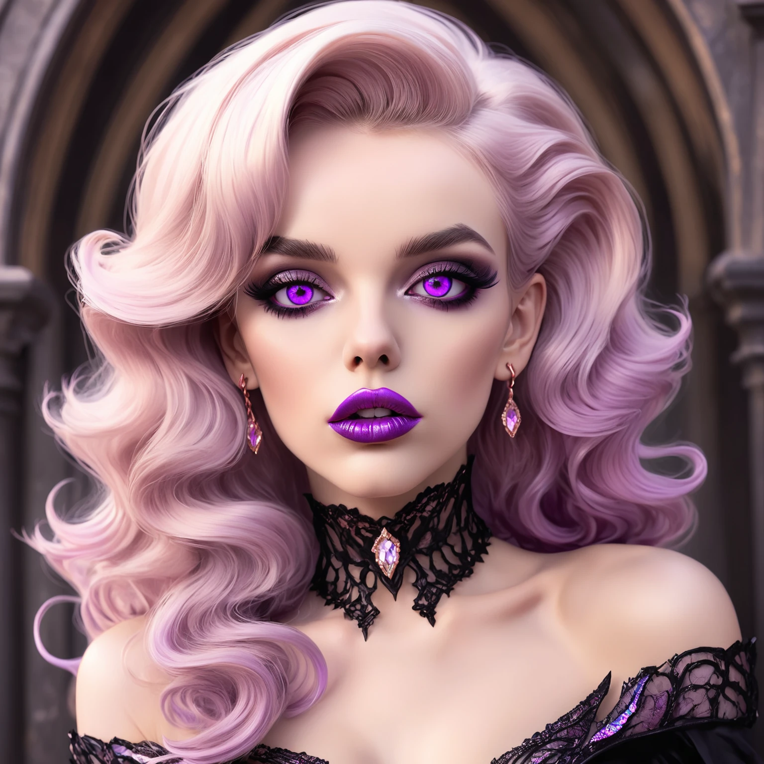 ethereal fantasy concept art of  Gothic style beautiful young woman,monroe,Rose Gold lipstick,iridescent trim,Violet eyes, . Dark . magnificent