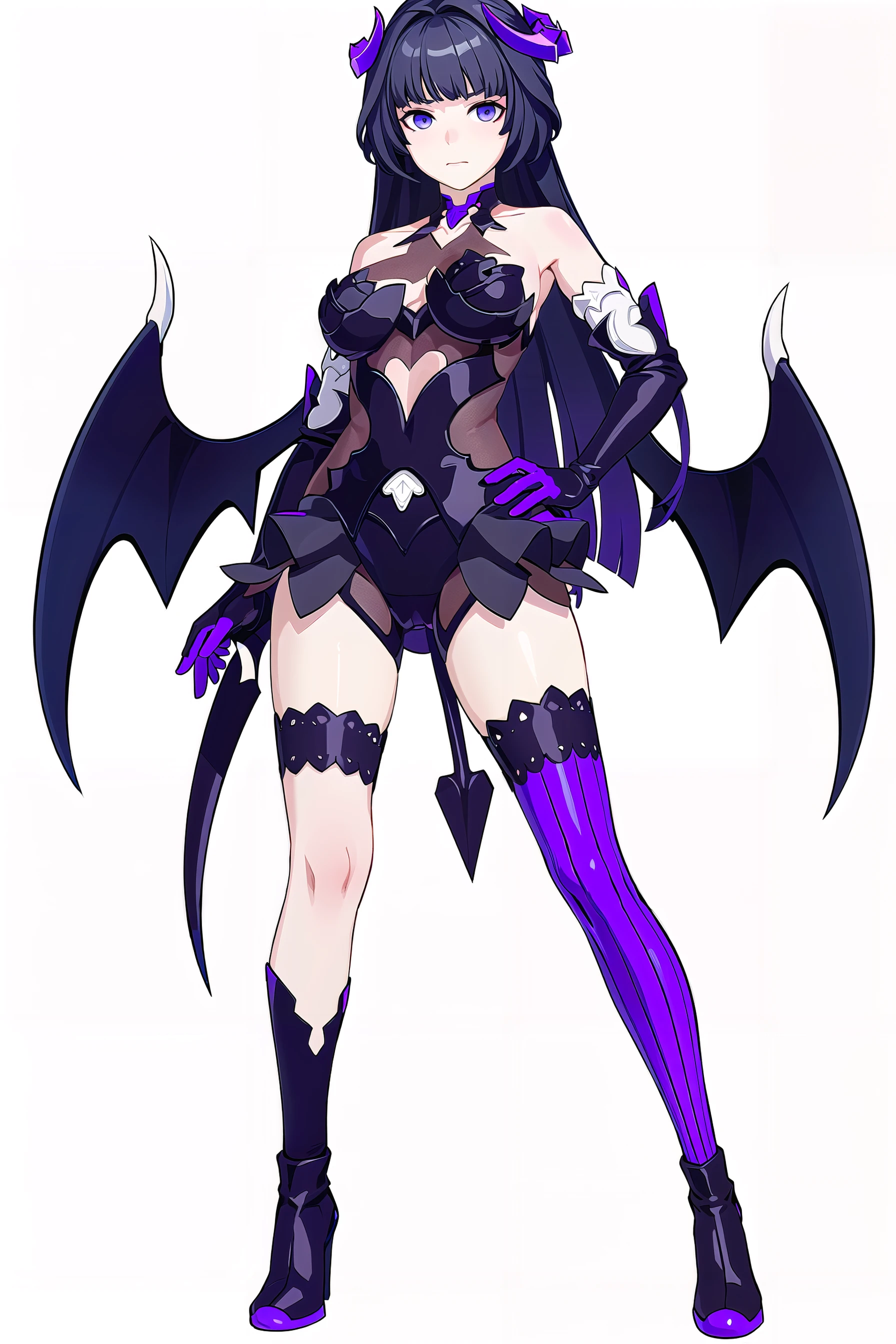 8k, best quality, masterpiece, (ultra-detailed:1.1), (high detailed skin), 
(full body:1.3), white background, standing, hand on hip, looking at viewer, (solo:1.3), 
<lora:meimo-v100:0.8:lbw=OUTALL>, meimo, succubus, 1girl, gloves, raiden mei, elbow gloves, long hair, bangs, (single thighhigh:1.2), bare shoulders, breasts, purple gloves, boots, succubus wings, demon girl, 
(white background, simple background,:1.2), 
(beautiful_face), ((intricate_detail)), clear face, 
((finely_detailed)), fine_fabric_emphasis, 
((glossy)), full_shot