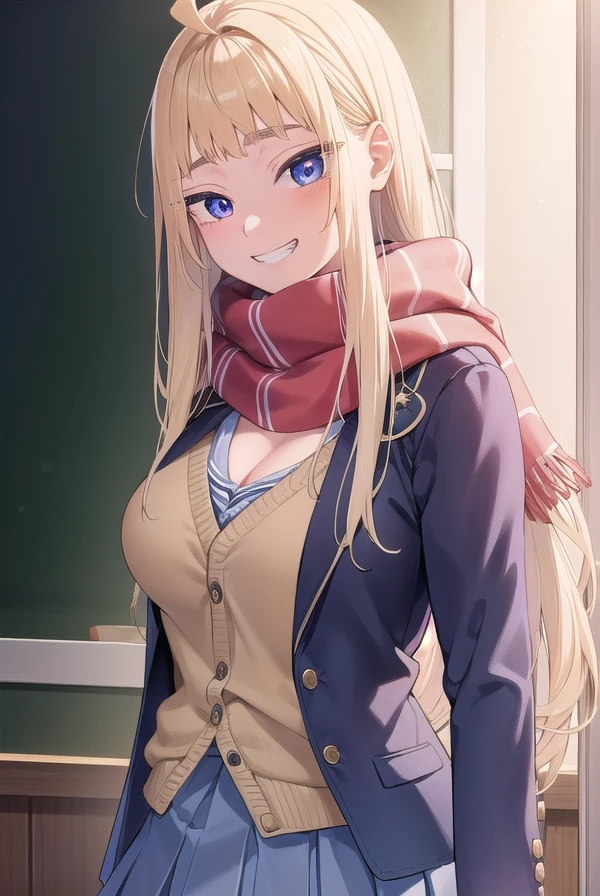 minamifuyuki, <lora:minami fuyuki manga-lora-nochekaiser:1>,
minami fuyuki, long hair, blonde hair, (purple eyes:1.1), ahoge, sidelocks, smile, grin,
BREAK cleavage, skirt, school uniform, jacket, pleated skirt, boots, scarf, blazer, cardigan, blue jacket, grey skirt, red scarf, pink cardigan,
BREAK indoors, classroom,
BREAK looking at viewer, (cowboy shot:1.5),
BREAK <lyco:GoodHands-beta2:1>, (masterpiece:1.2), best quality, high resolution, unity 8k wallpaper, (illustration:0.8), (beautiful detailed eyes:1.6), extremely detailed face, perfect lighting, extremely detailed CG, (perfect hands, perfect anatomy),