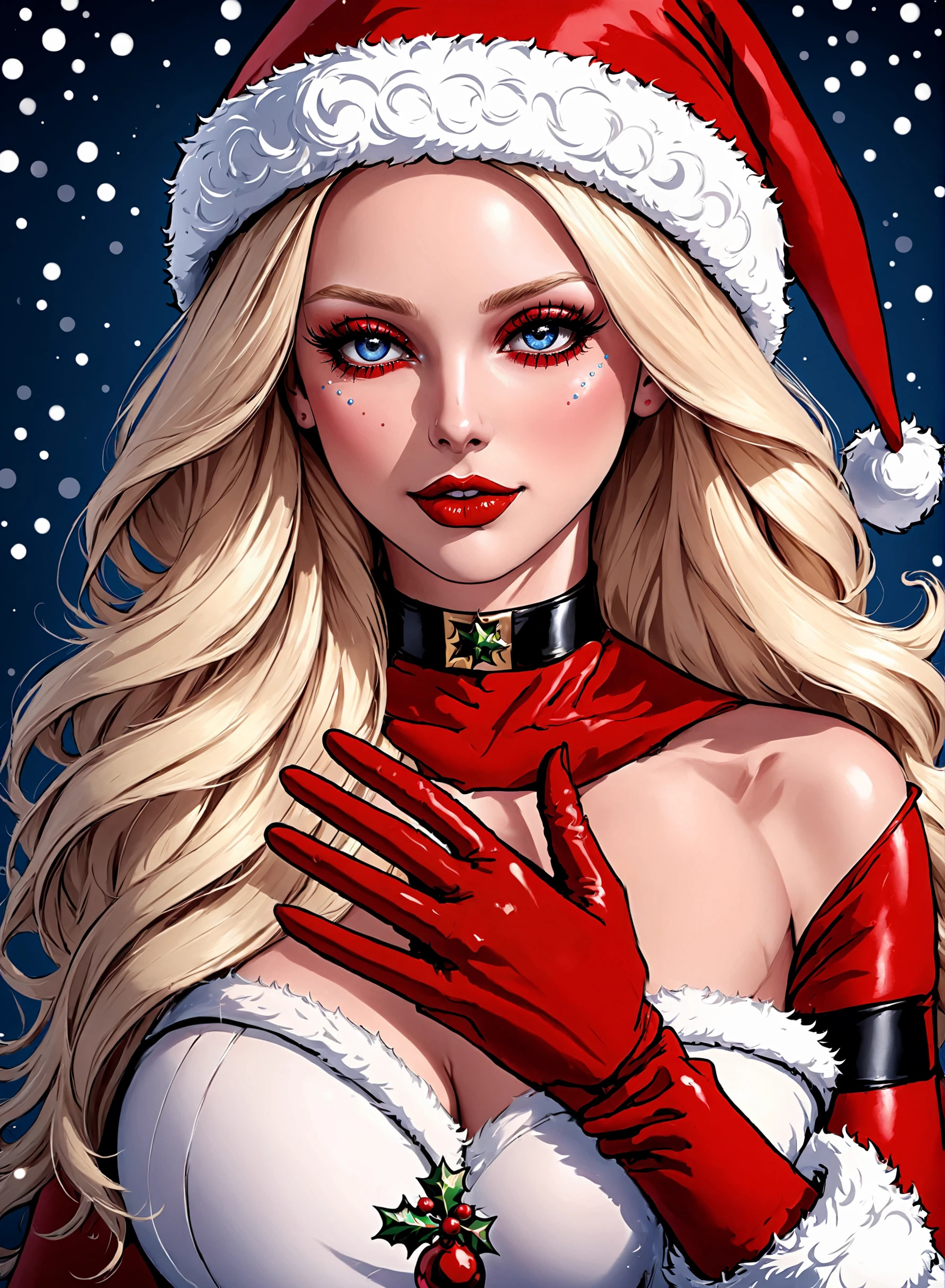 Santa Overlords Style, (masterpiece, best quality, ultra-detailed, best shadow), (detailed background, christmas fantasy), (beautiful detailed face), high contrast, (best illumination, an extremely delicate and beautiful), ((cinematic light)), 1girl, solo, long hair, blonde hair, gloves, hat, elbow gloves, lips, makeup, christmas, santa hat, red gloves, santa costume, realistic, <lora:SantaOverlordsXL:0.8>