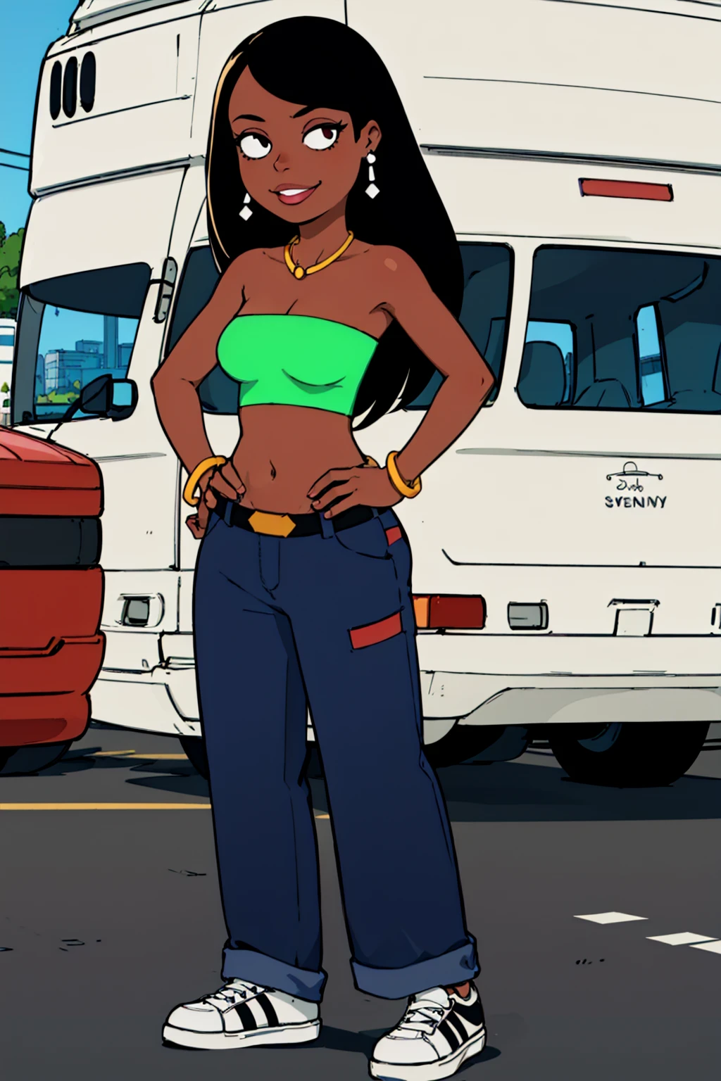 roberta, dark-skinned female, lips, 1girl, dark skin, black hair, long hair, earrings, solo, breasts, tube top, necklace,shoes, bracelet, flat color, crop top, navel, pants, belt,looking at viewer, smile, standing, hand on hip, <lora:Roberta1.0:0.6>