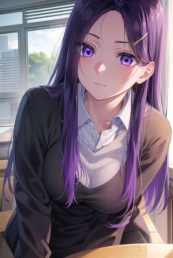 sayuriakino, <lora:sayuri akino manga-lora-nochekaiser:1>,
sayuri akino, long hair, hair ornament, hairclip, purple hair, (purple eyes:1.1), (forehead:1.2),
BREAK shirt, white shirt, collared shirt, sweater, black sweater,
BREAK indoors, classroom,
BREAK looking at viewer, (cowboy shot:1.5),
BREAK <lyco:GoodHands-beta2:1>, (masterpiece:1.2), best quality, high resolution, unity 8k wallpaper, (illustration:0.8), (beautiful detailed eyes:1.6), extremely detailed face, perfect lighting, extremely detailed CG, (perfect hands, perfect anatomy),