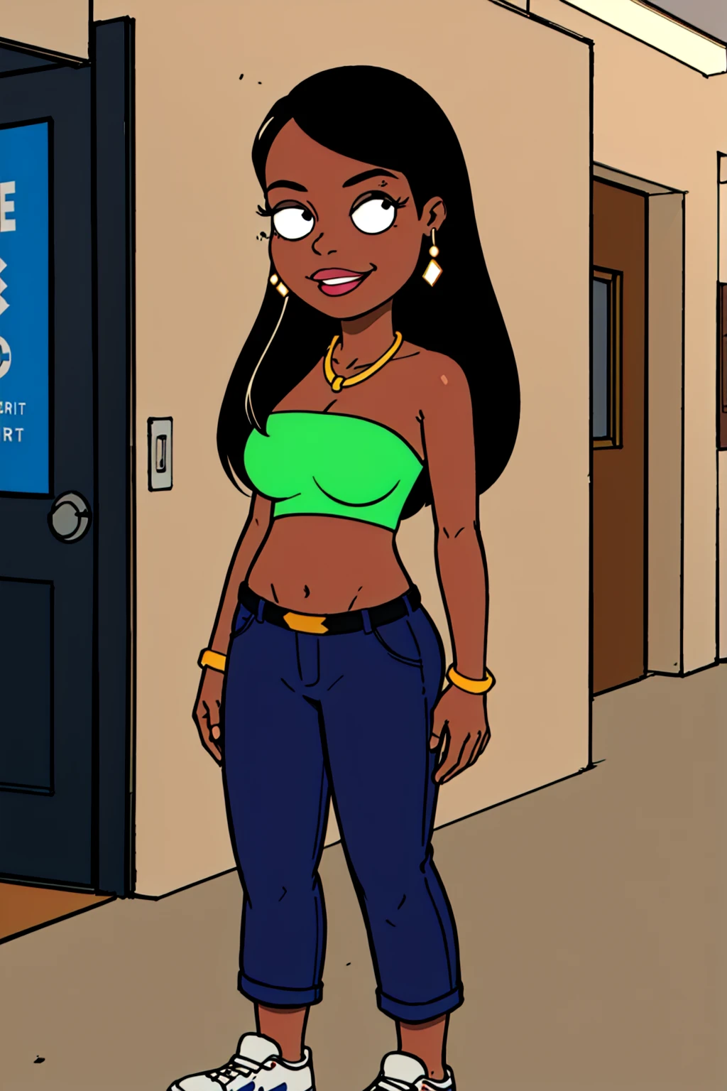 roberta, dark-skinned female, lips, 1girl, dark skin, black hair, long hair, earrings, solo, breasts, tube top, necklace,shoes, bracelet, crop top, navel, pants, belt,looking at viewer, smile, standing, <lora:Roberta(1.0):0.6>