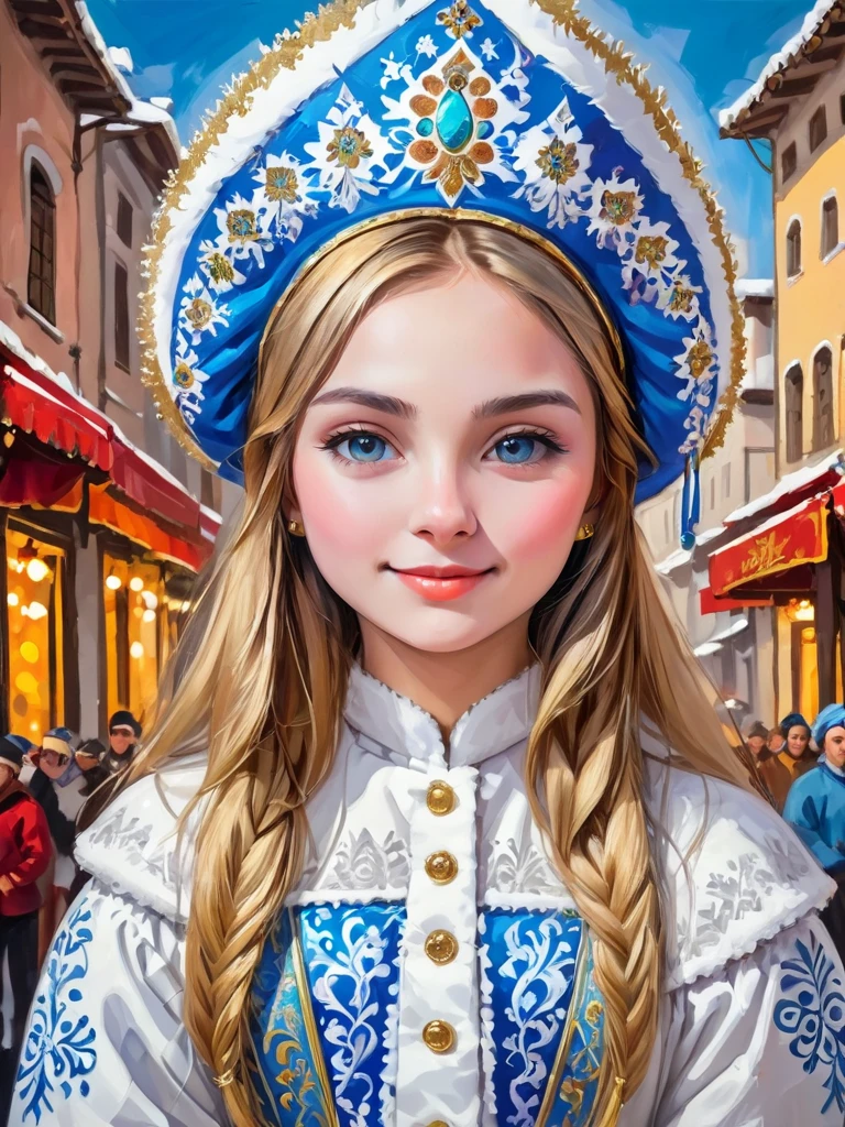 Renaissance style abstract expressionist painting waist portrait of cute girl wearing kokoshnik, new year street celebration background, <lora:Kokoshnik:1.0> . energetic brushwork, bold colors, abstract forms, expressive, emotional . Realistic, perspective, light and shadow, religious or mythological themes, highly detailed
