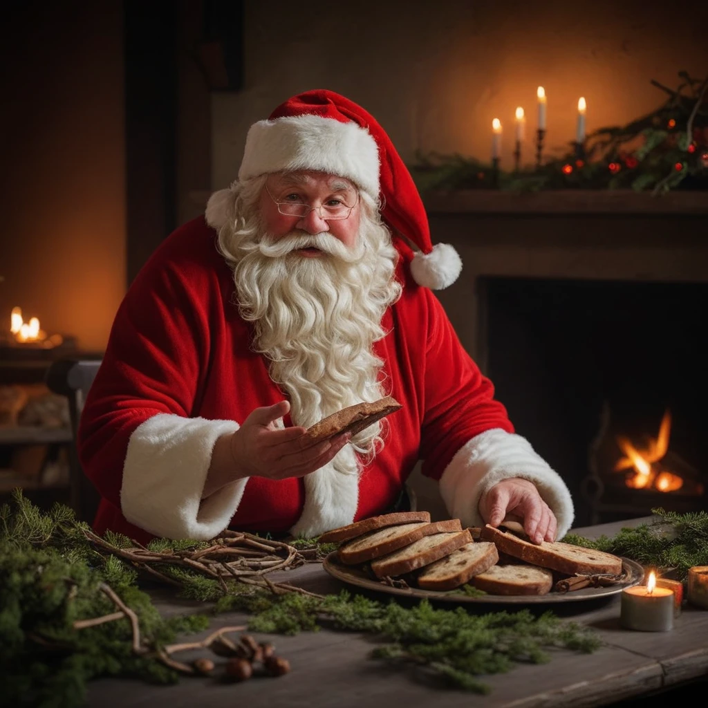 <lora:SDXL_Christmas_Sa_May:1> Christmas, Santa Claus near a table with a bunch of branches and candles,  a plate of bread with cinnamon  in the table, fireplace, night, light and shadow