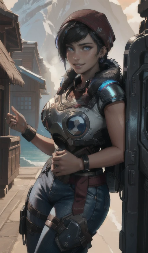 highres, 8k, 4k,hdr, soft light, ((best quality)), ((masterpiece)), (detailed), 1girl, 2 red braids with jewelry,beanie,black hair, blue eyes, earrings, female focus, kait diaz,realistic, solo, <lora:KaitDiazV2.5:0.8>, smiling, teeth, gears of war armor, fur trim, shirt, pants, short sleeve
