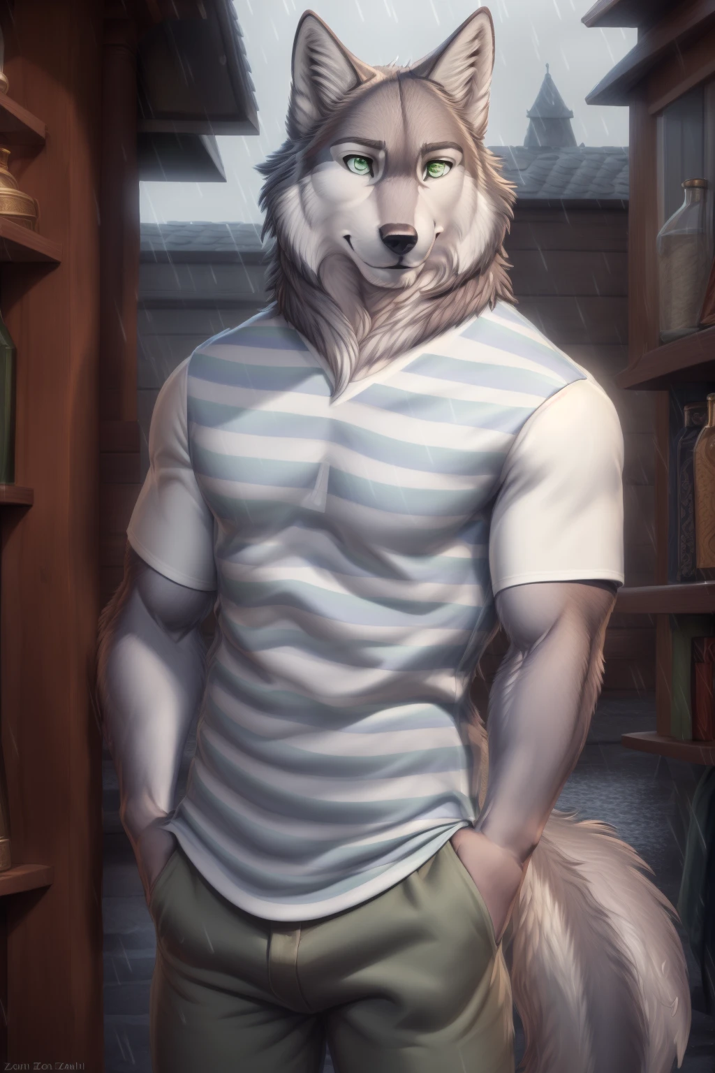 <lora:shoichi-08:1>, shoichi, (green eyes:1.2), (wolf tail:1.2), (posing:1.3), (soft shading), 4k, hi res, five fingers, detailed hands, ((detailed face, (detailed eyes:1.5), detailed)), by zackarry911, by zaush, (by personalami:0.5), smile, shirt, 1boy, male focus, striped, pants, rain, striped shirt