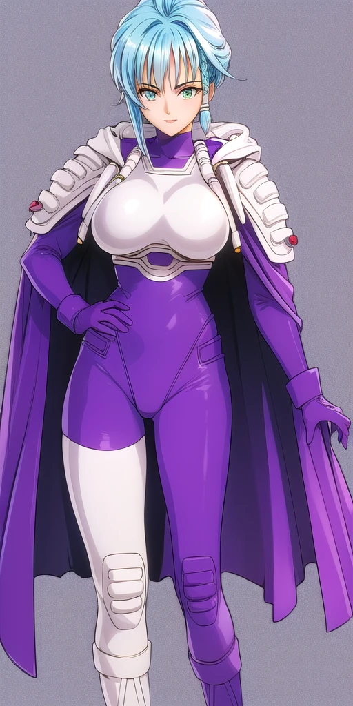<lora:aoi_karinV2:.9> aoi_karin, huge_breasts, standing, solo, Purple_bodysuit_White_Pauldrons_White_breastplate_Asymmetrical_legwear_White_thighhighs_hood_down_Purple_Cape, masterpiece, best quality, detailed face, detailed eyes, highres,