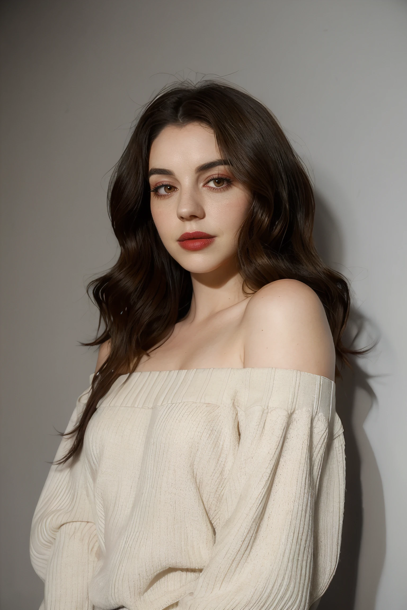 adelaide_kane wearing  off shoulder red sweater, long wavy hair, eyeliner, lipstick, 
upper body portrait, gray wall background, soft lighting, 
 <lora:AdelaideKane_Ultra:0.8>