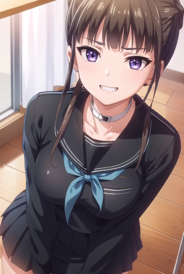 nemumanaka, <lora:nemu manaka ova-lora-nochekaiser:1>,
nemu manaka, brown hair, sidelocks, (purple eyes:1.1), smile, grin,
BREAK skirt, thighhighs, long sleeves, school uniform, serafuku, choker, black thighhighs, black skirt, collar, zettai ryouiki, black serafuku,
BREAK indoors, classroom,
BREAK looking at viewer, (cowboy shot:1.5),
BREAK <lyco:GoodHands-beta2:1>, (masterpiece:1.2), best quality, high resolution, unity 8k wallpaper, (illustration:0.8), (beautiful detailed eyes:1.6), extremely detailed face, perfect lighting, extremely detailed CG, (perfect hands, perfect anatomy),
