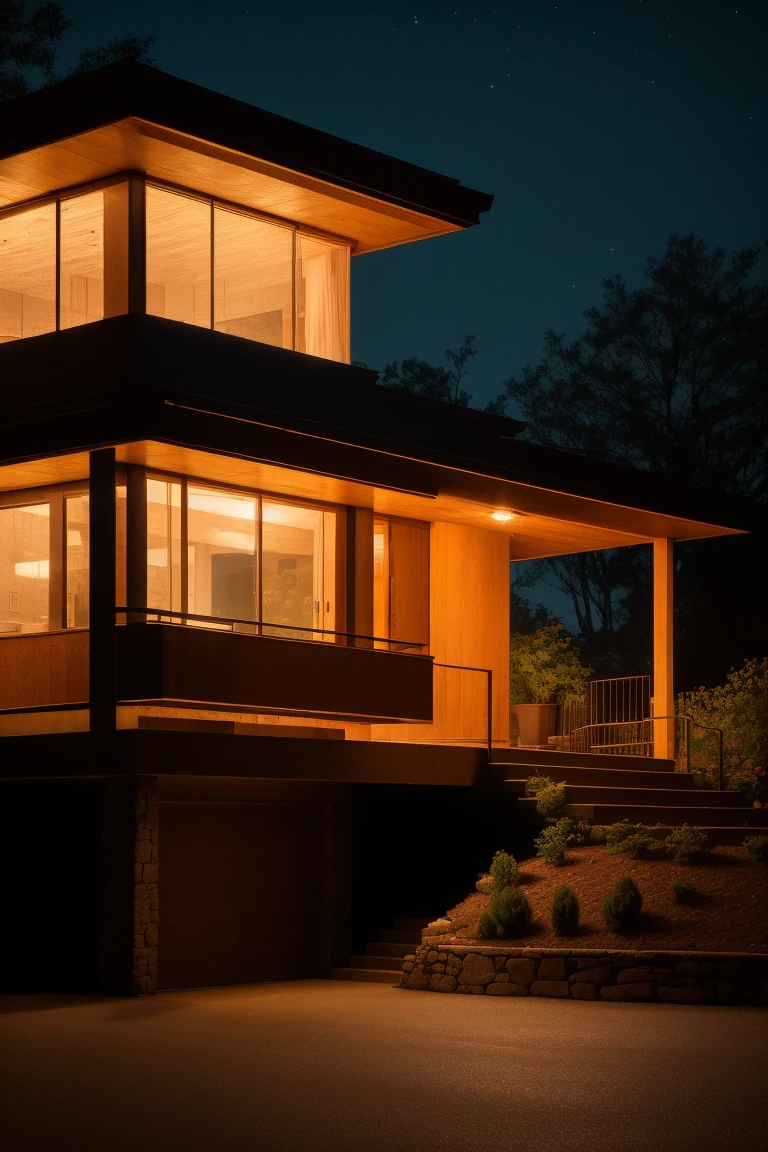 A suburban home at nighttime, RAW photo, Photorealisic, In the style of Ansel Adams, in the style of Frenk Lloyd Wright, HDR, Bokeh, warm evening palette, Natural lighting