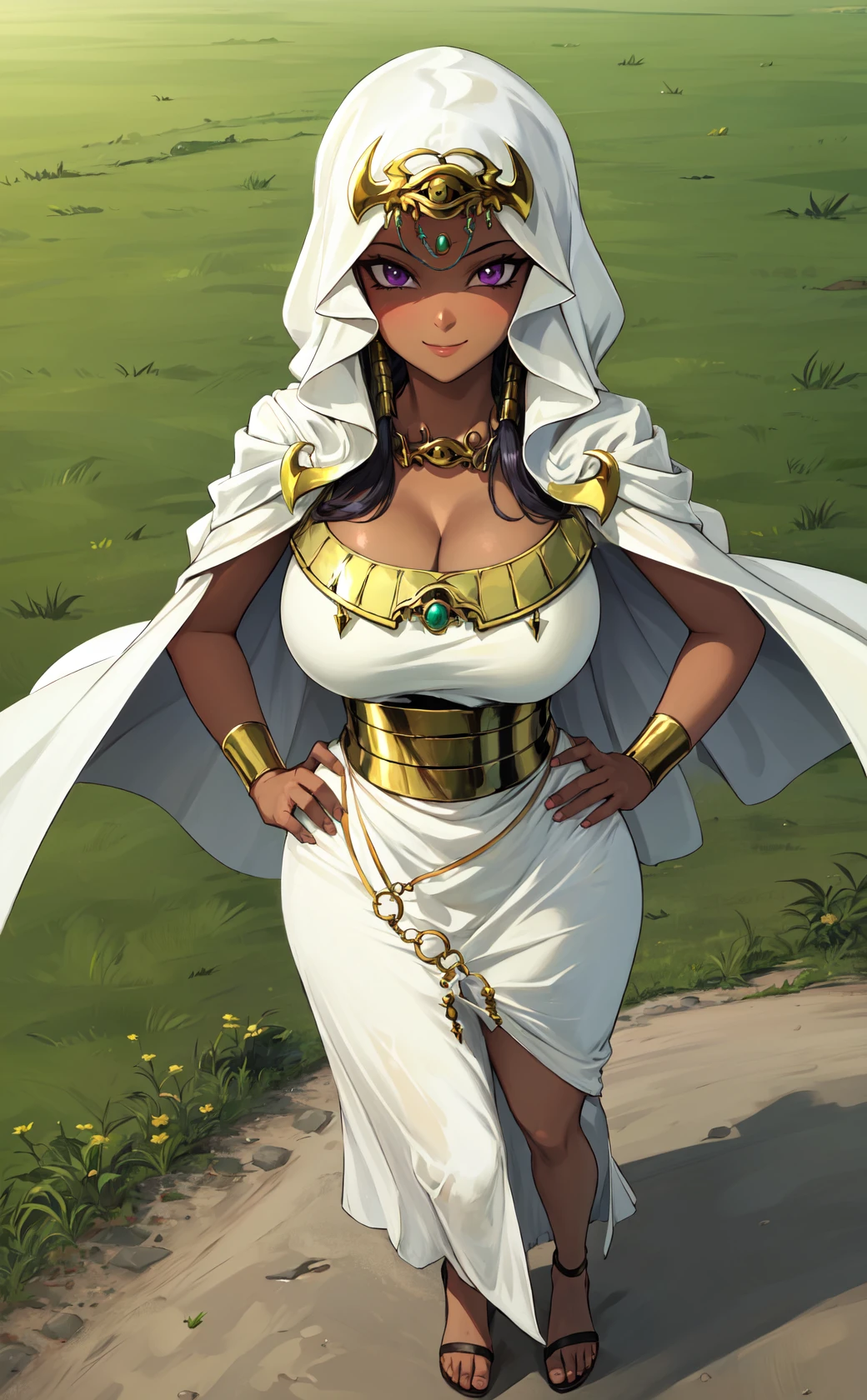 masterpiece, best quality, outdoors, grass, field, flower field,
1girl, solo, looking at viewer, smile, purple eyes, black hair, cleavage, jewelry, long hair, breasts, dark skin, hood, necklace, huge breasts, dark-skinned female, hand on hip, cloak, egyptian, egyptian clothes, eye of horus, knees together feet apart, 
<lora:LoRA_Ishizu:1>