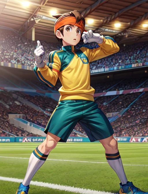 best quality, masterpiece, highres, detailed, digital artwork, <lora:Detail - add_detail:0.2>, EndouMamoru, 1boy, brown hair,  short hair, brown eyes, sportswear, raimon, headband, full body, long sleeves, white gloves, stadium, field, anxious, jojo pose, muscular, yellow stand \(jojo\) behind boy, yellow spirit behind boy, ,  <lora:Character - EndouMamoru:0.9>