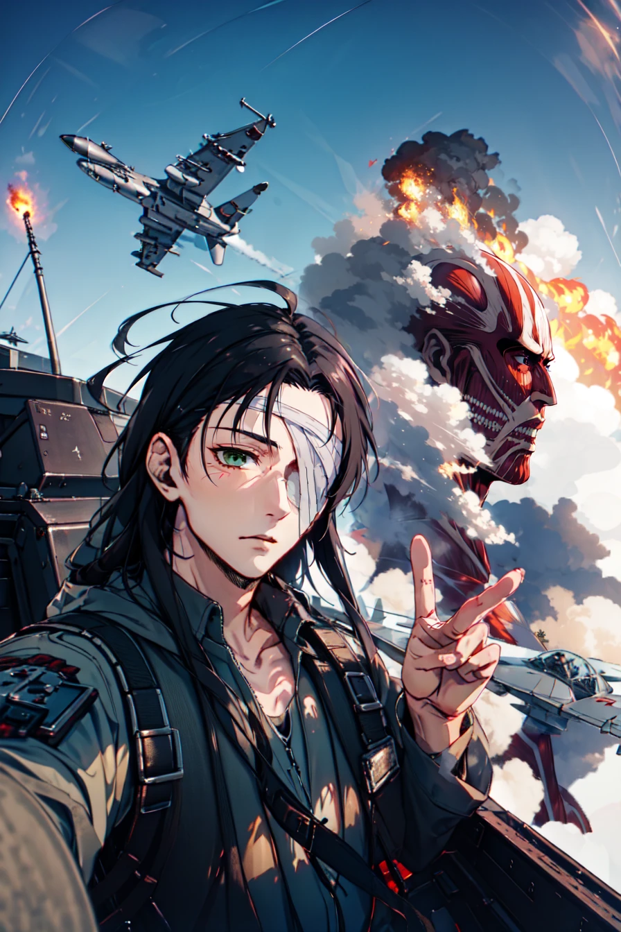 <lora:yomama_fighter_jet_pilot_selfie_v2-10:0.85>yomama_fighter_jet_pilot_selfie_v2, 1boy, explosion on ground, huge explosion in background, <lora:erenYeagerAttackOn_beta:0.6> eren_yeager ,erenad, long hair, (bandits covering eye), peace hand gesture, v sign, <lora:loraPeaceSign_v03:0.7> peace, sign, <lora:colossalTitanAttackOn_v01:0.8> colossal titan, from above, walking in steam, explosion and fires, blue sky and cloud, from side