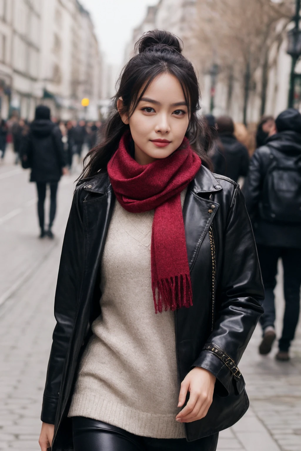 1girl, realistic, ((Masterpiece, best quality,edgQuality)), smug,smirk, edgADC_fashion, a woman with a scarf on is walking down the street ,wearing edgADC, <lbm=FACES>