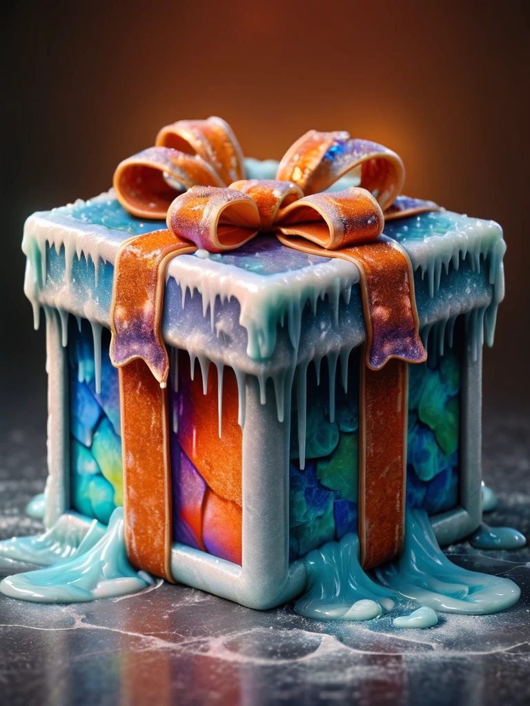 photorealistic christmas present box made of ral-frozenslime, orange ribbon, glitter, cubism art, vibrant, urban, detailed, tag, mural, astral, colorful aura, vibrant energy <lora:ral-frozenslime:1>