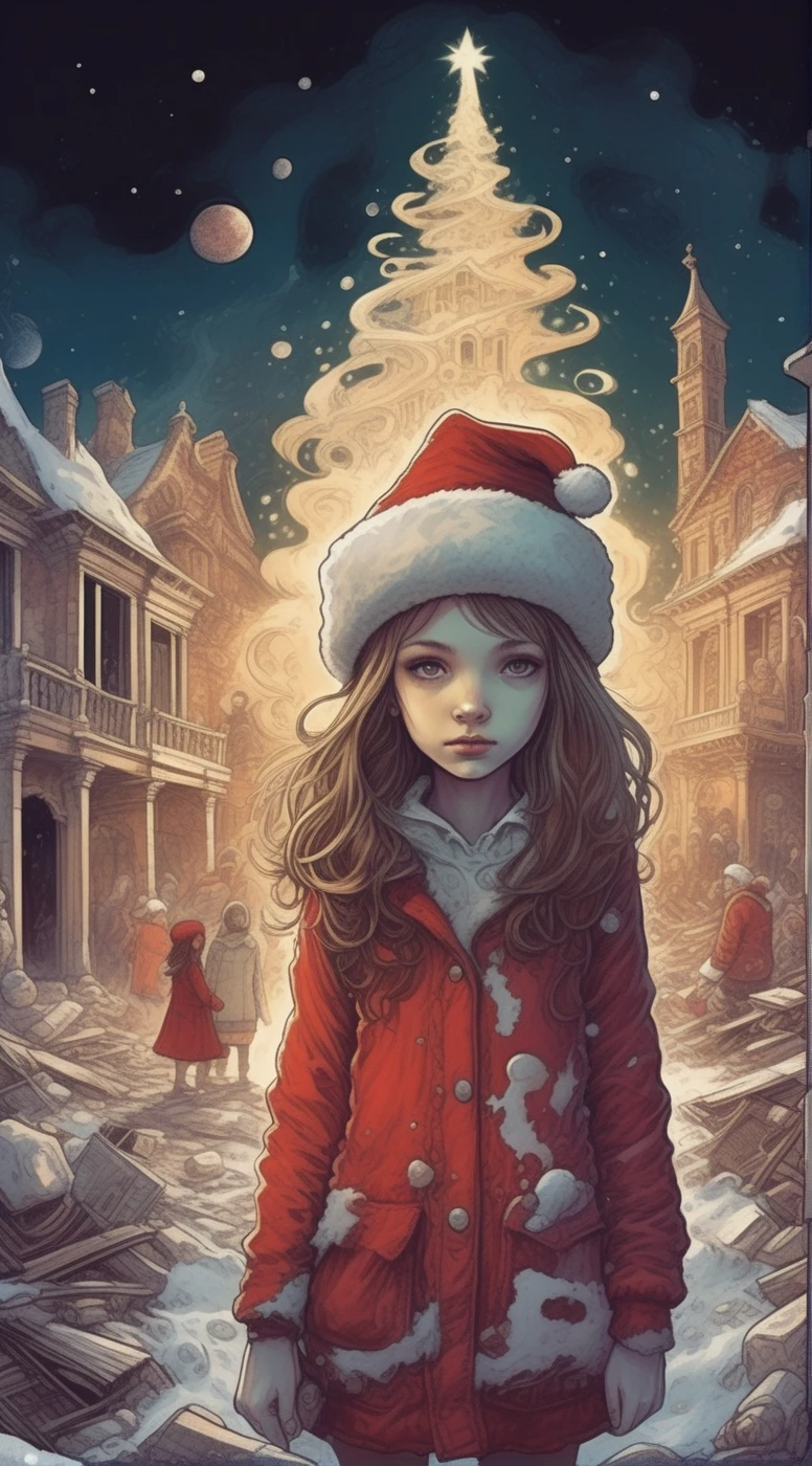 drawix4 girl in santa hat and costume, christmas saint, destroyed buildings and a group of people in the background, a dark and mysterious world unfolds, enigmatic dreamscape surrealistic <lora:drawix4:1>
