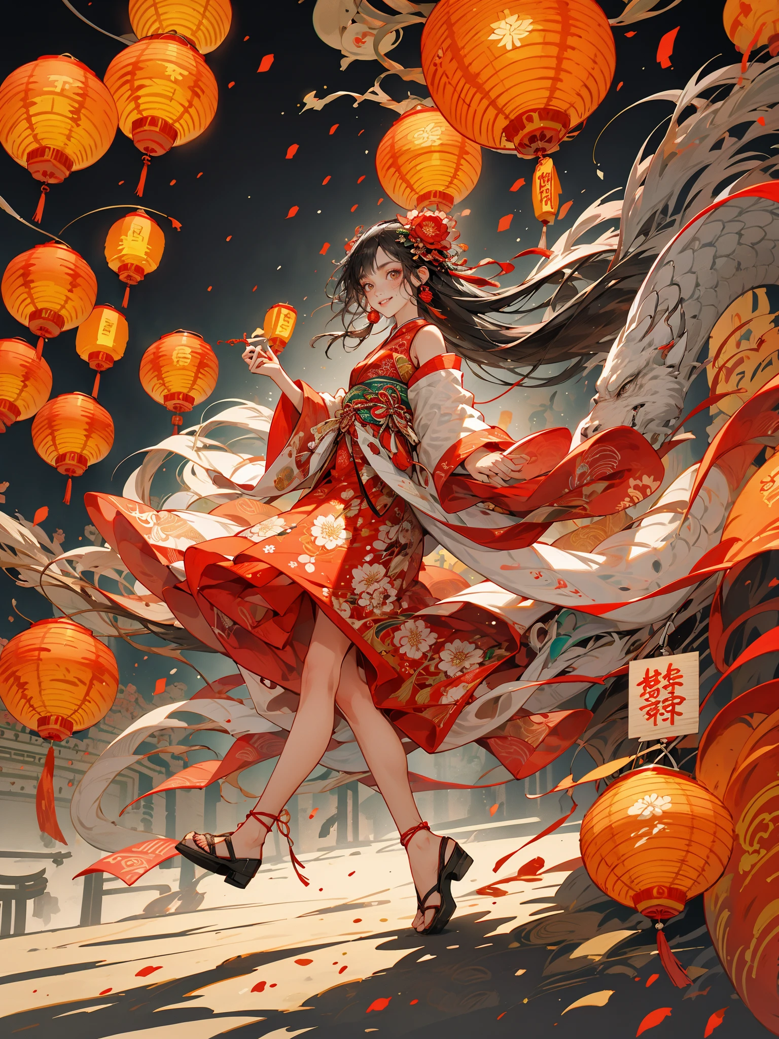 ink,HEZI,Chinese New Year elements,Oriental Dragon and Maiden,Chinese Knot,wallpaper,HD,flat illustration,flat illustration,best quality,masterpiece,(Lanterns in the background:1.5),looking at viewer,female focus,black hair,red skirt,Hanfu,profile,Night Market,brightly lit,white shoes,wide shot,color guide,simple background,full body,negative_hand,Up view,close up,happy and runing,Smile,delicate facial features,red background,a small number of red lanterns,Chinese elements with firecrackers around and fireworks in the background,<lora:é¾ä¸å°å¥³-000013:0.6>,