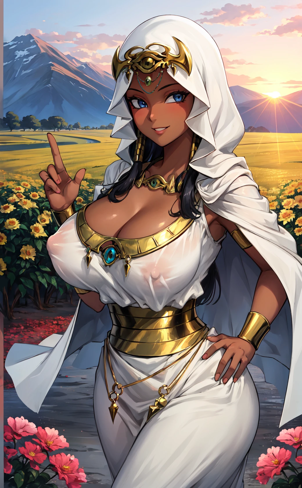 masterpiece, best quality, outdoors, grass, field, flower field,
1girl, solo, long hair, breasts, looking at viewer, smile, blue eyes, black hair, cleavage, jewelry, dark skin, hood, necklace, huge breasts, covered nipples, dark-skinned female, hand on hip, cloak, egyptian, egyptian clothes, eye of horus,
<lora:LoRA_Ishizu:1>