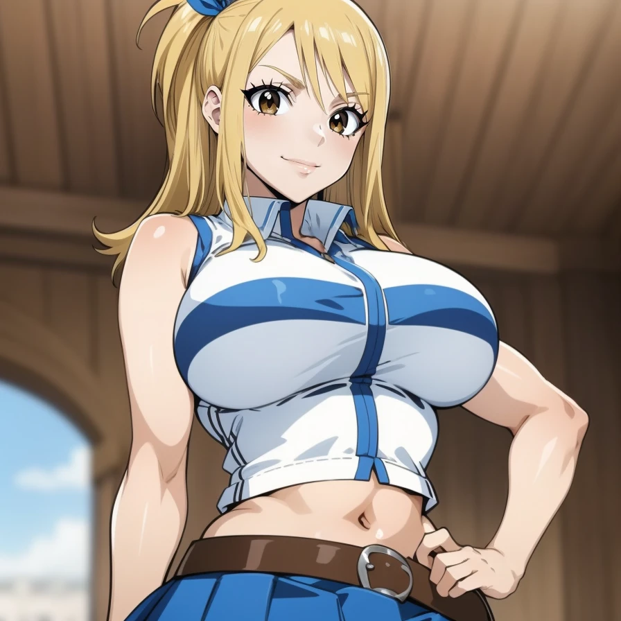 (masterpiece, best quality:1.2), Kisou, Cel-Shading, Thin Lineart, Soft Shading, Film Grain, 1girl, solo, smile, looking at viewer, dynamic pose, closed mouth, huge breasts, mature female, from behind, wide hips, <lora:Kisou Artstyle Lora:.8>, bangs, blonde hair, (light brown eyes), lucy heartfilia, long hair, white shirt, sleeveless, belt, blue skirt, midriff, <lora:lucy_heartfilia_v11:.8>