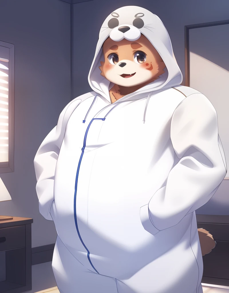 (((detailed eyes, detailed face))), (bara, oosumi <lora:character_oosumi_findigo_v1_2:0.9>, bear, (facial mark, tattoo on face), black eyes), male, (solo), (plump, fat, chubby, overweight), (kigurumi, animal costume, hood, long sleeves), standing, (arms behind back), smile BREAK (konzaburou, ukan_muri, cute), bedroom, (soft shading), 8k, UHD, masterpiece, (full body)