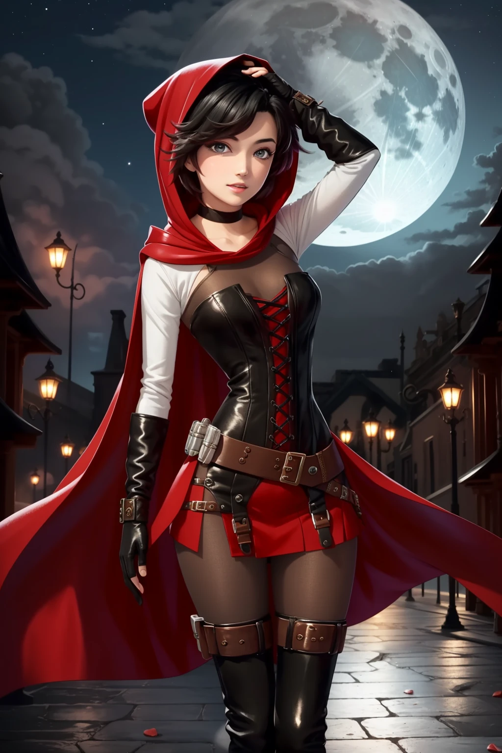 <lora:RubyAtlas-05:0.9> 1girl,atlasrose, black hair, gradient hair, grey eyes, (red cape), white shirt, pantyhose, belt, red skirt, corset, thigh boots, fingerless gloves,masterpiece,best quality,extremely detailed, rose petals, wind,night, moon, (((hood up))), choker