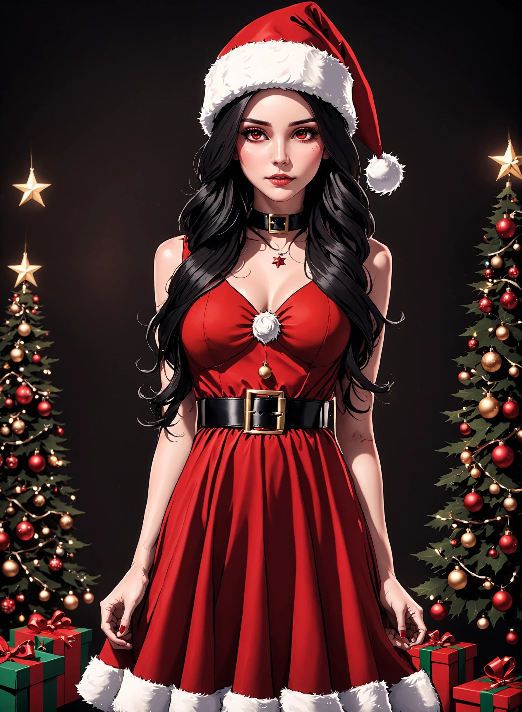 Santa Overlords Style, (masterpiece, best quality, ultra-detailed, best shadow), (detailed background, christmas fantasy), (beautiful detailed face), high contrast, (best illumination, an extremely delicate and beautiful), ((cinematic light)), 1girl, solo, long hair, black hair, hat, dress, belt, red dress, christmas, microphone, santa hat, santa costume, formal, realistic, christmas lights, christmas theme, perfect anatomy, <lora:SantaOverlordsXL:0.8>