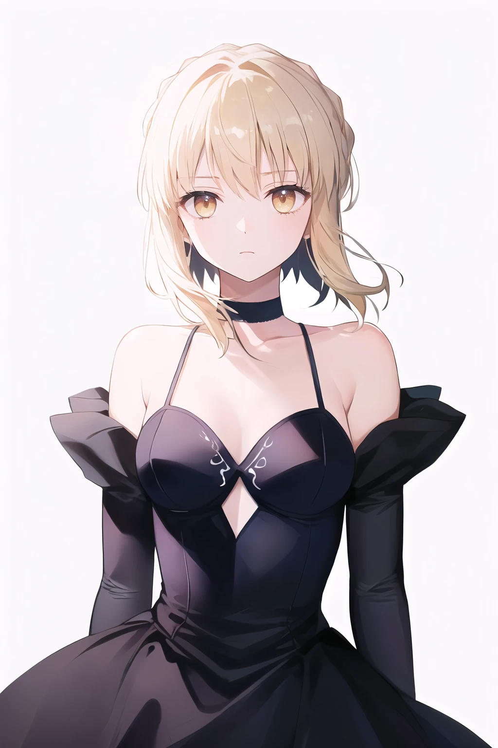 (high quality, high resolution:1.3), 4k, masterpiece, (simple background, white background:1.3),
BREAK
<lora:Saber_Alter-12:0.85>  Saber_Alter, choker, dress, black dress, bare shoulders, elbow gloves, black choker, cleavage, collarbone, standing, upper body, cowboy shot, <lora:GoodHands-beta2:1.0>