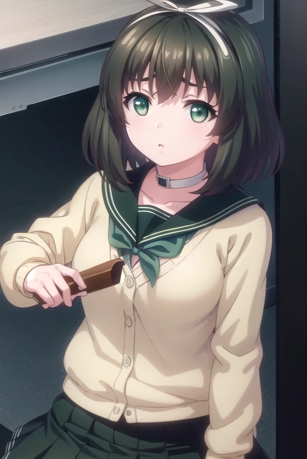 kanaehokari, <lora:kanae hokari ova-lora-nochekaiser:1>,
kanae hokari, short hair, black hair, ribbon, hair ribbon, (green eyes:1.5),
BREAK skirt, school uniform, serafuku, collar, cardigan, black skirt, black sailor collar,
BREAK indoors, classroom,
BREAK looking at viewer, (cowboy shot:1.5),
BREAK <lyco:GoodHands-beta2:1>, (masterpiece:1.2), best quality, high resolution, unity 8k wallpaper, (illustration:0.8), (beautiful detailed eyes:1.6), extremely detailed face, perfect lighting, extremely detailed CG, (perfect hands, perfect anatomy),