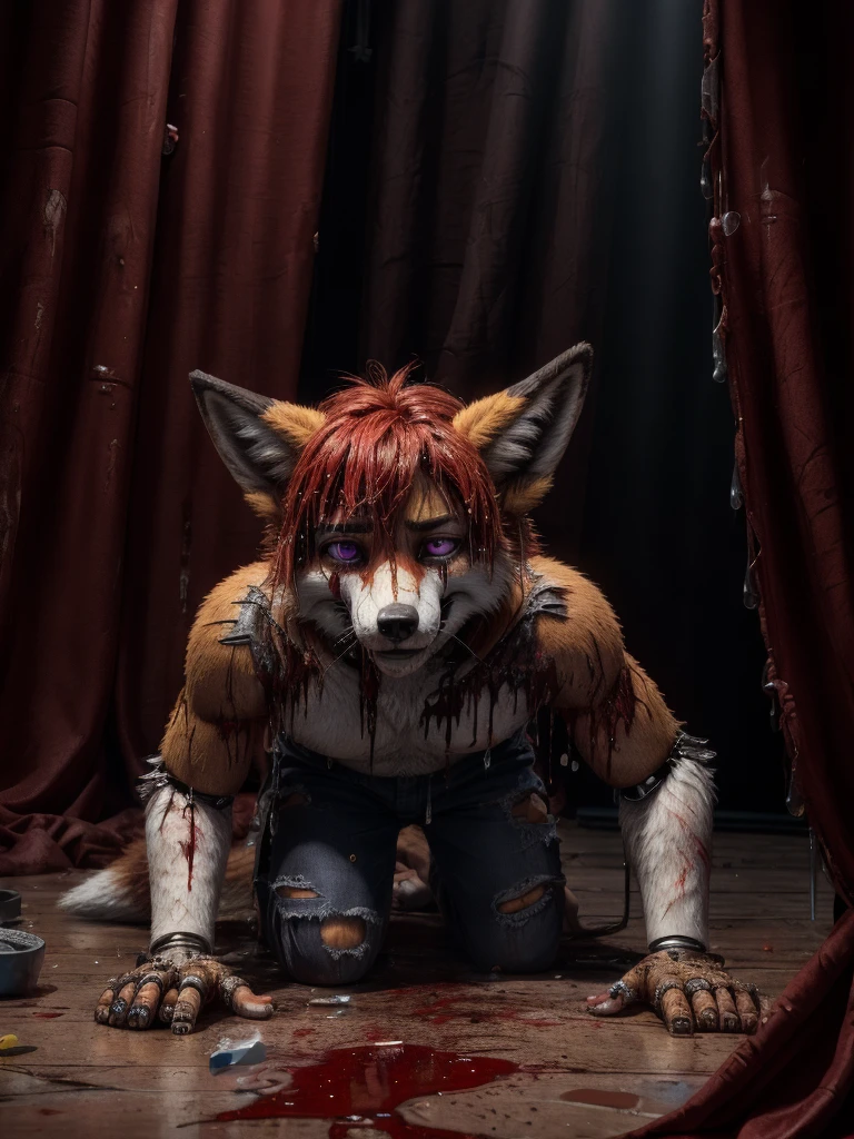 Masterpiece realistic, best ultra quality, perfect intricate details, RAW Photo, no lighting, 4K, detailed background, male, pirate fox, red hair, purple eye, ragged brown pants, topless, bare feet, crawl, stage, stage curtain, sad, crying, animatronic, torn pants, wet dripping blood, plastic, broken, blood everywhere, scratches, corpse, smile