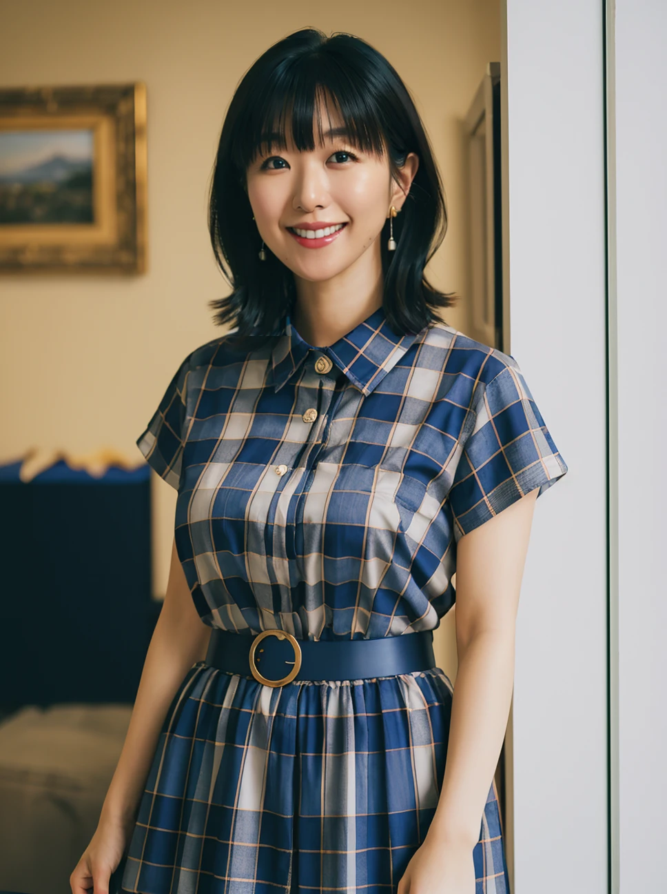 (8k, RAW photo, best quality, masterpiece:1.2),(realistic, photo-realistic:1.37), ultra-detailed,
1girl, solo,aiyi, jewelry, earrings, smile, dress,  plaid dress, plaid, teeth, grin,  standing, belt, bangs, collared dress, medium hair,
(looking at viewer:1.2),indoor, blurry background, 
Fujifilm XT3,film still,film grain,cinematic,
<lora:Overlighting:0.5> <lora:aiyi:0.9> <lora:Lora_v20_è¶çé£å¥³å­©-0.5:0.3>