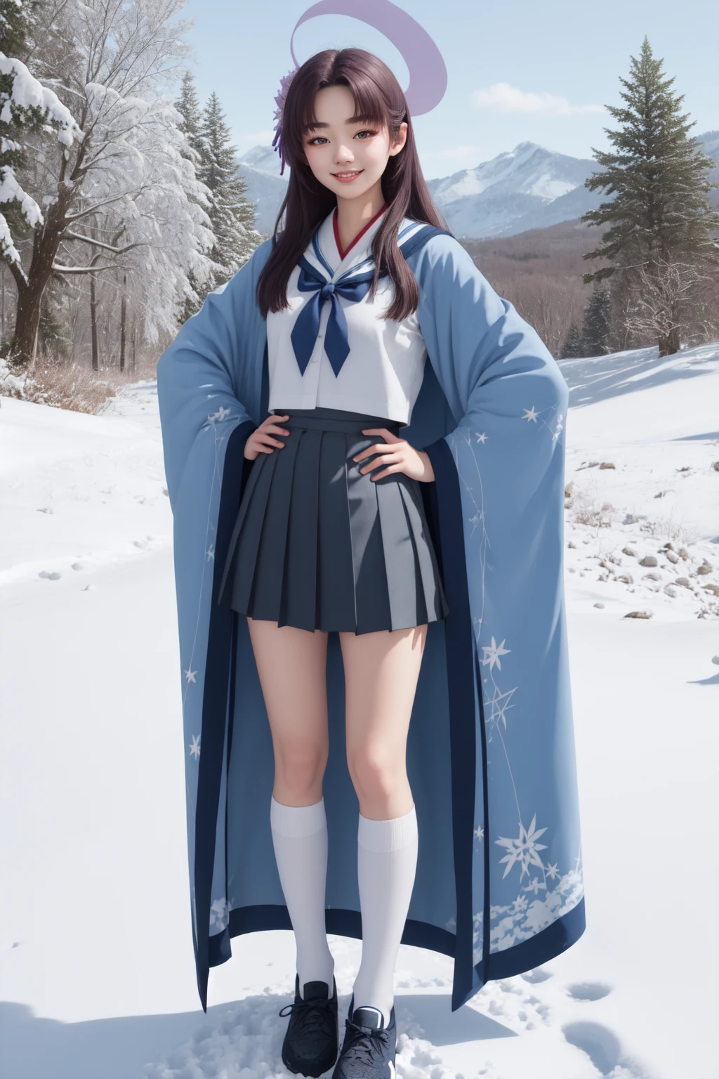 (masterpiece:1.3), (absurdres:1.3), (best quality:1.3), (ultra-detailed:1.3), snow, outdoors, standing, full body, smile, hand on hip, <lora:yukari-fi-08:1>, 1girl, yukari-fi, halo, wide sleeves, white shirt, white serafuku, sailor collar, blue kimono, open kimono, blue skirt, white socks, shoes,