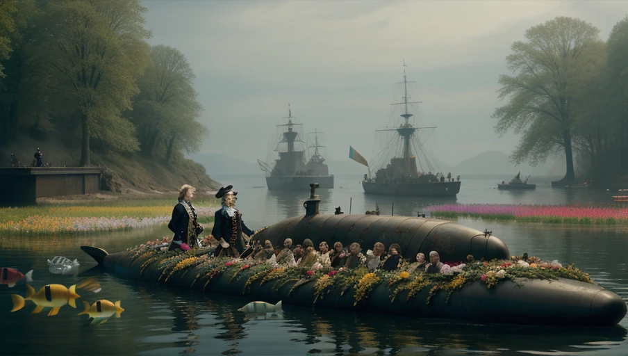 a submarine among a bunch of colorful fish, (mantoinette1:0.8),