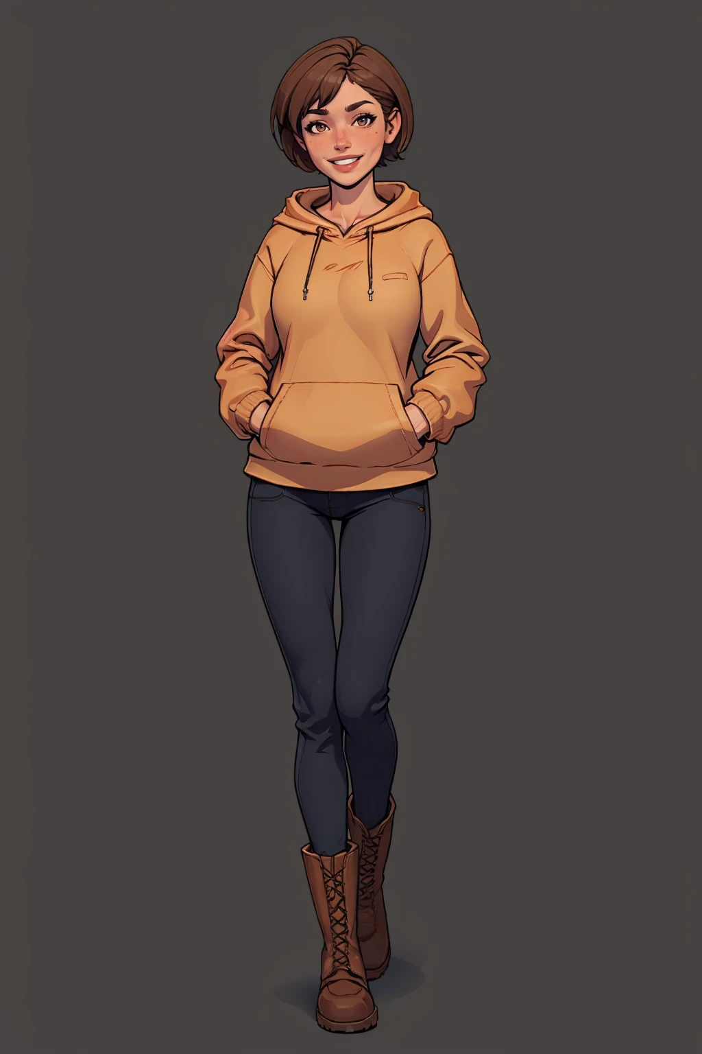 (masterpiece, best quality:1.2), <lora:warlockandboobs:1>, warlockandboobs, solo, brown hair, pants, hood, 1girl, hood down, simple background, hand in pocket, short hair, brown eyes, smile, holding, brown footwear, full body, boots, looking at viewer, walking, black pants, hoodie, phone, grey background