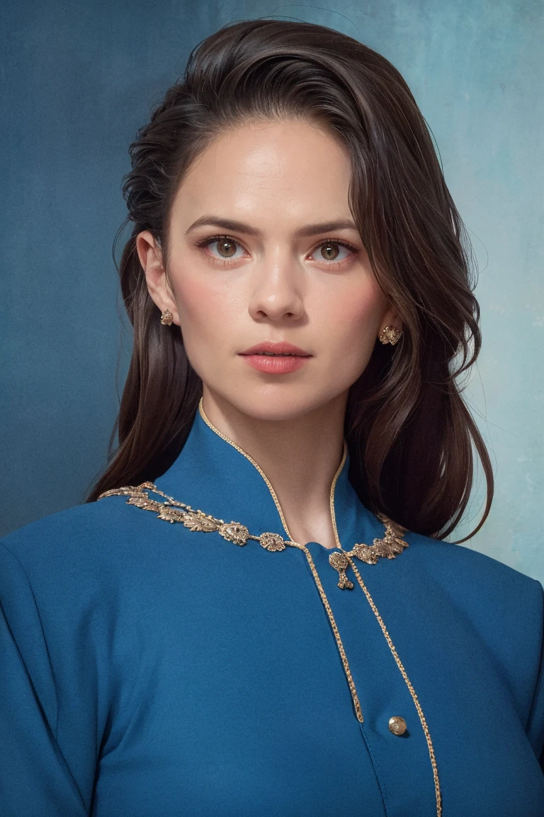 face, woman, medieval princess, blue princess dress, medieval background, soft colors, (high detailed skin:1.1) <lora:hayley_atwell_lora_v01:1> haywell