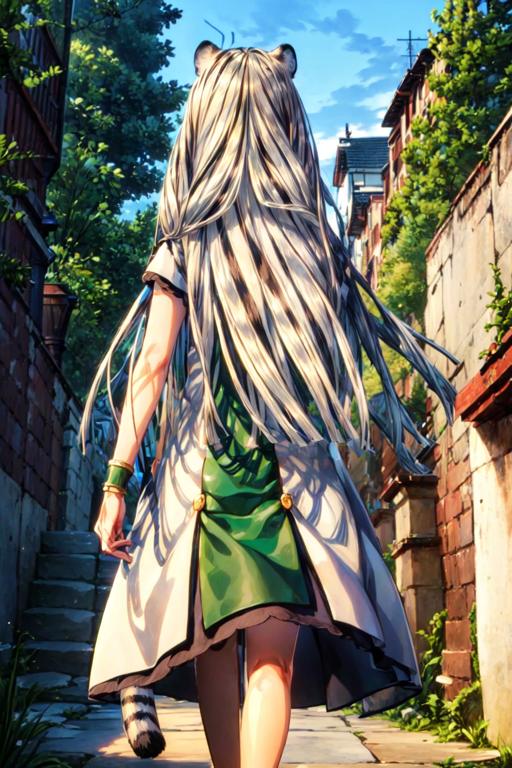 ((masterpiece)), (best quality), (ultra-detailed), photorealistic, (best illustration), ((an extremely delicate and beautiful)), 1girl, solo, (from behind), (((facing away))), long hair, tiger ears, [:tiger tail below:0.1], white hair, two-tone hair, feet out of frame, cowboy shot, white dress, (green dress), multicolored dress, walking, black skirt, short sleeves, detailed scenery, blue sky, horizon, bracelet<lora:atla_nai_4:0.9:lbw=INS_MIDD>,