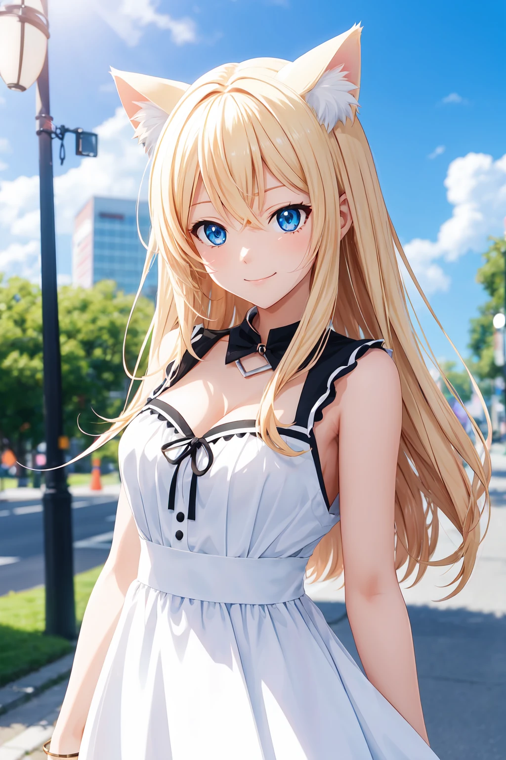 cat girl, fake cat ear, 1girl, top half body, breasts, looking at viewer, blushes, blue eyes, long hair, blonde hair, smile, daytime, sun rays, outside, black and white dress, leaning, depth of field, (blurry background:1.5), ^_^ <lora:GoodHands-beta2:1> <lora:more_details:0.15>, portrait of an anime person, aesthetic, wlop, trending on artstation, deviantart, anime key visual, 8k uhd