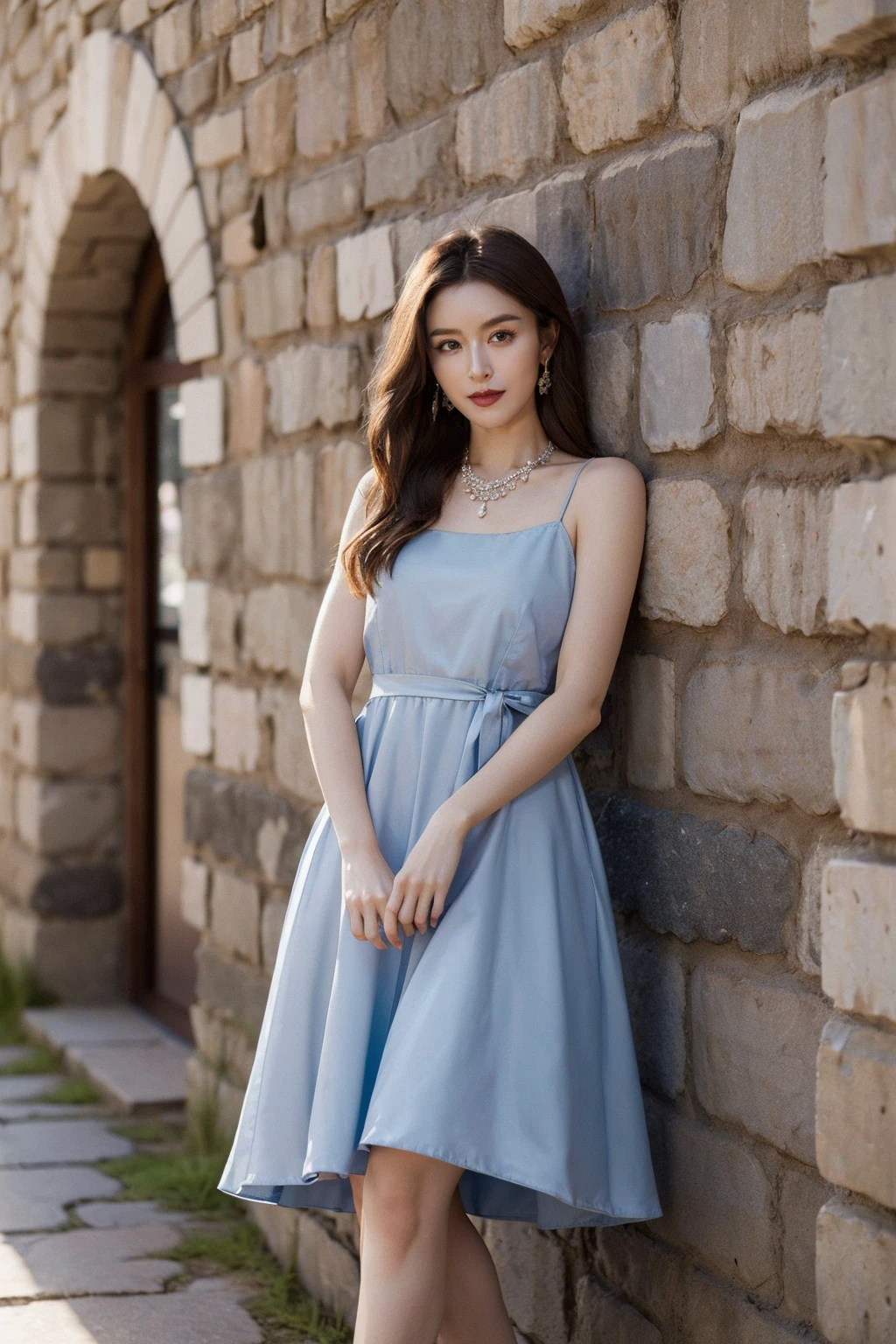 masterpiece,best quality,1girl,upper body,looking at viewer, standing,
strap dress,blue dress,
brown hair, long hair,
necklace,stone floor, stone wall,
<lora:Janice:0.5>