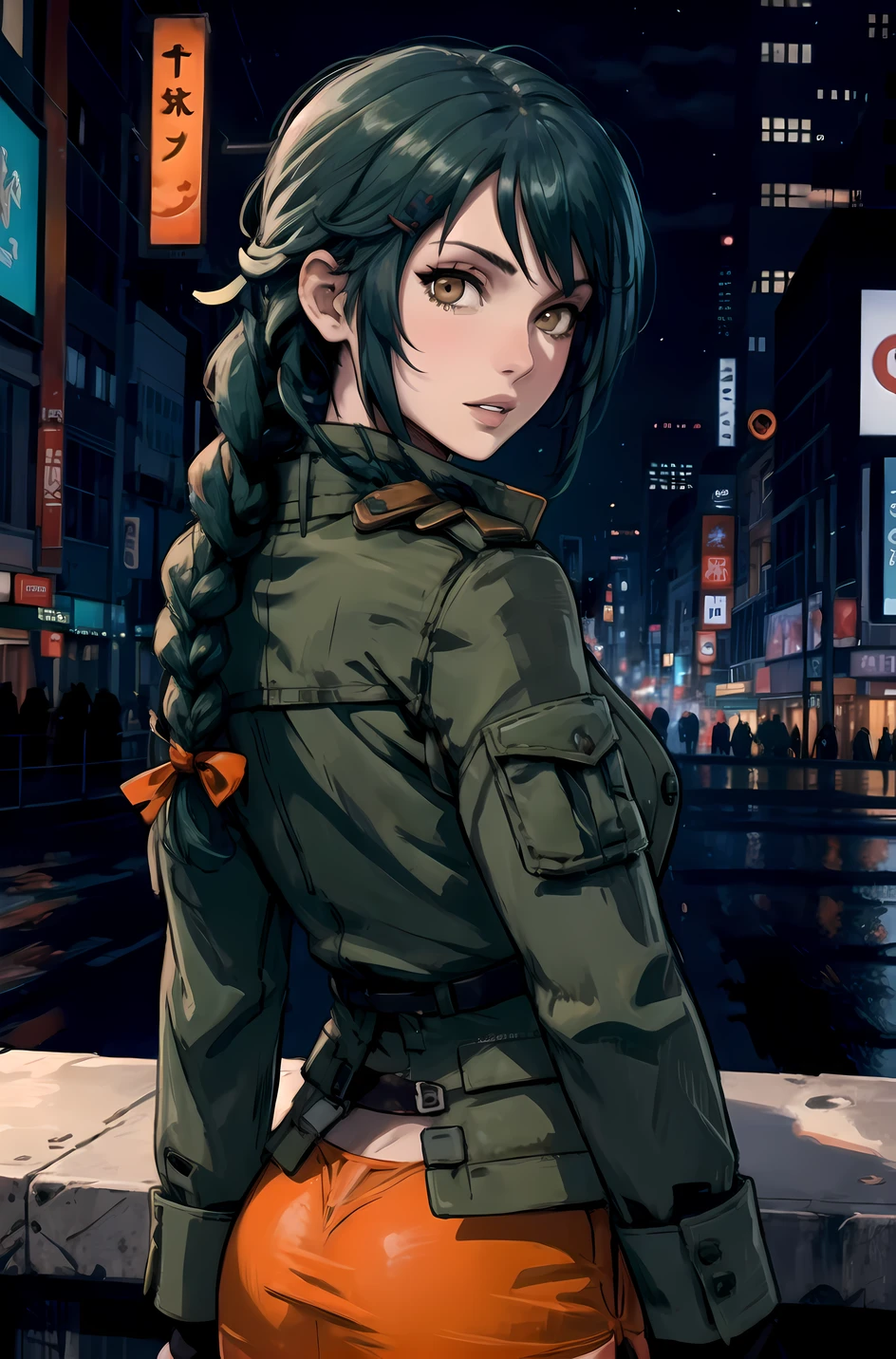 KiriaTMS,  turquoise hair, green jacket, short orange skirt, looking back, parted lips, looking at viewer, short braid, city, night, skyscraper, upper body, brown eyes