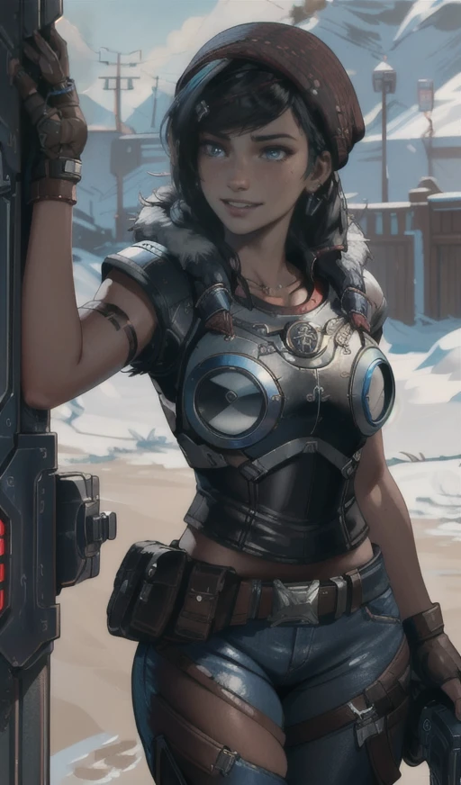highres, 8k, 4k,hdr, soft light, ((best quality)), ((masterpiece)), (detailed), 1girl, 2 red braids with jewelry,beanie,black hair, blue eyes, earrings, female focus, kait diaz,realistic, solo, <lora:KaitDiazV2.5:0.8>, smiling, teeth, gears of war armor, fur trim, shirt, shirt colored tan, pants, short sleeve