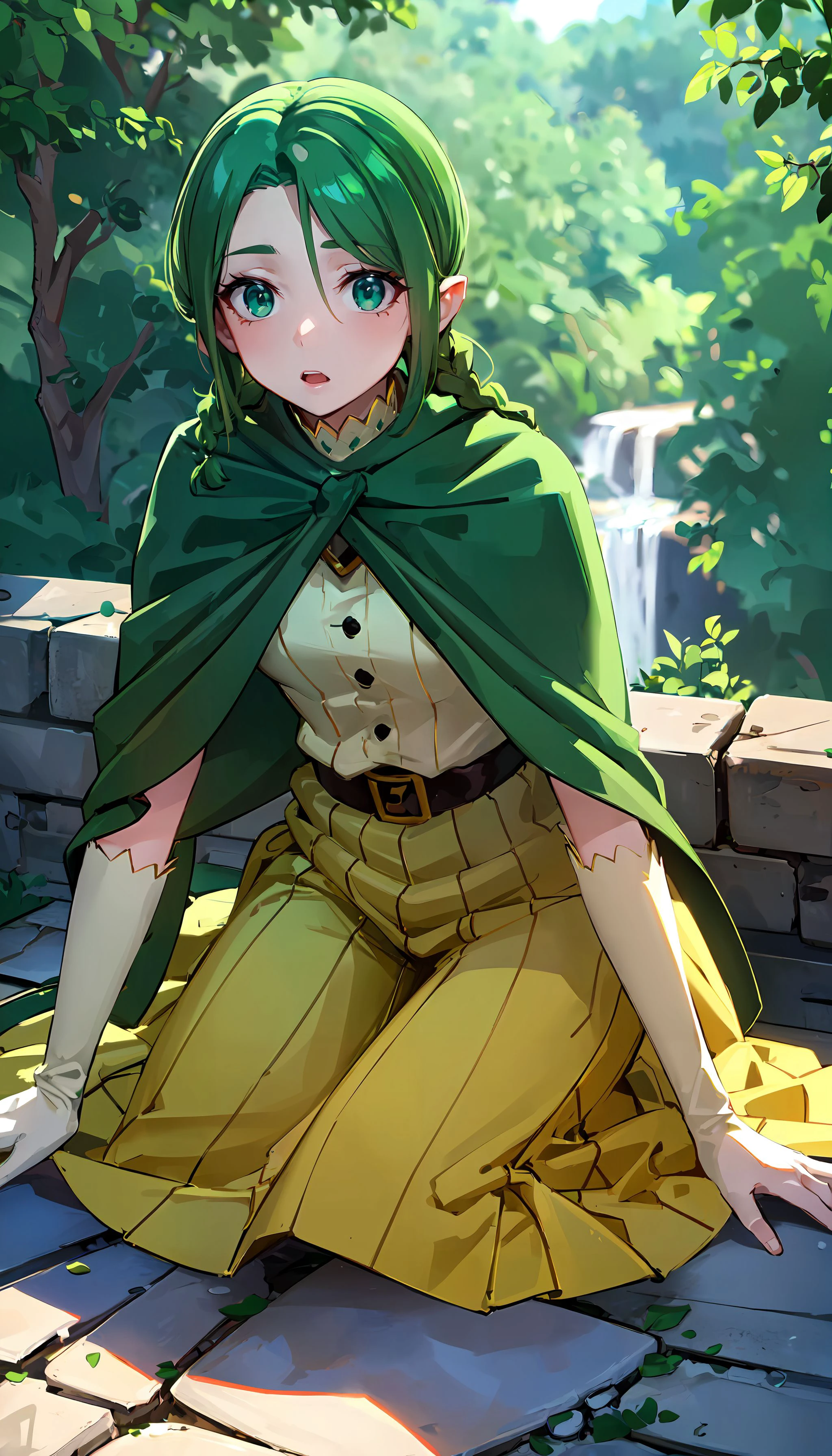 photorealistic, (4k), depth of field, (Masterpiece), (realistic skin texture), extremely detailed, intricate, hyper detailed, high resolution, sharp detail, best quality, woman, green pigtails, green eyes, green cape, yellow skirt, <lora:Zephan:0.7>  , (top-down bottom-up),  <lora:BetterFeet:0.8> <lora:GoodHands-beta2:0.8>  <lora:detail_slider_v4:0.8> , (ancient ruins), jungle, rainforest, (waterfall), tropical, ruins,   <lora:background & distence control:-2>