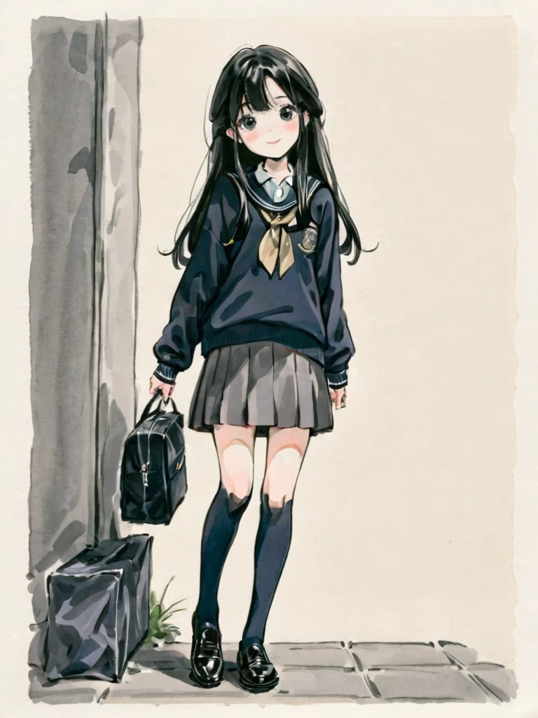 <lora:xl_shuimo-000012:1>,ink wash painting,1girl, solo, school uniform, skirt, long hair, bag, black hair, socks, kneehighs, loafers, leaning forward, shoes, black eyes, school bag, black socks, pleated skirt, sweater, sleeves past wrists, smile, simple background, full body