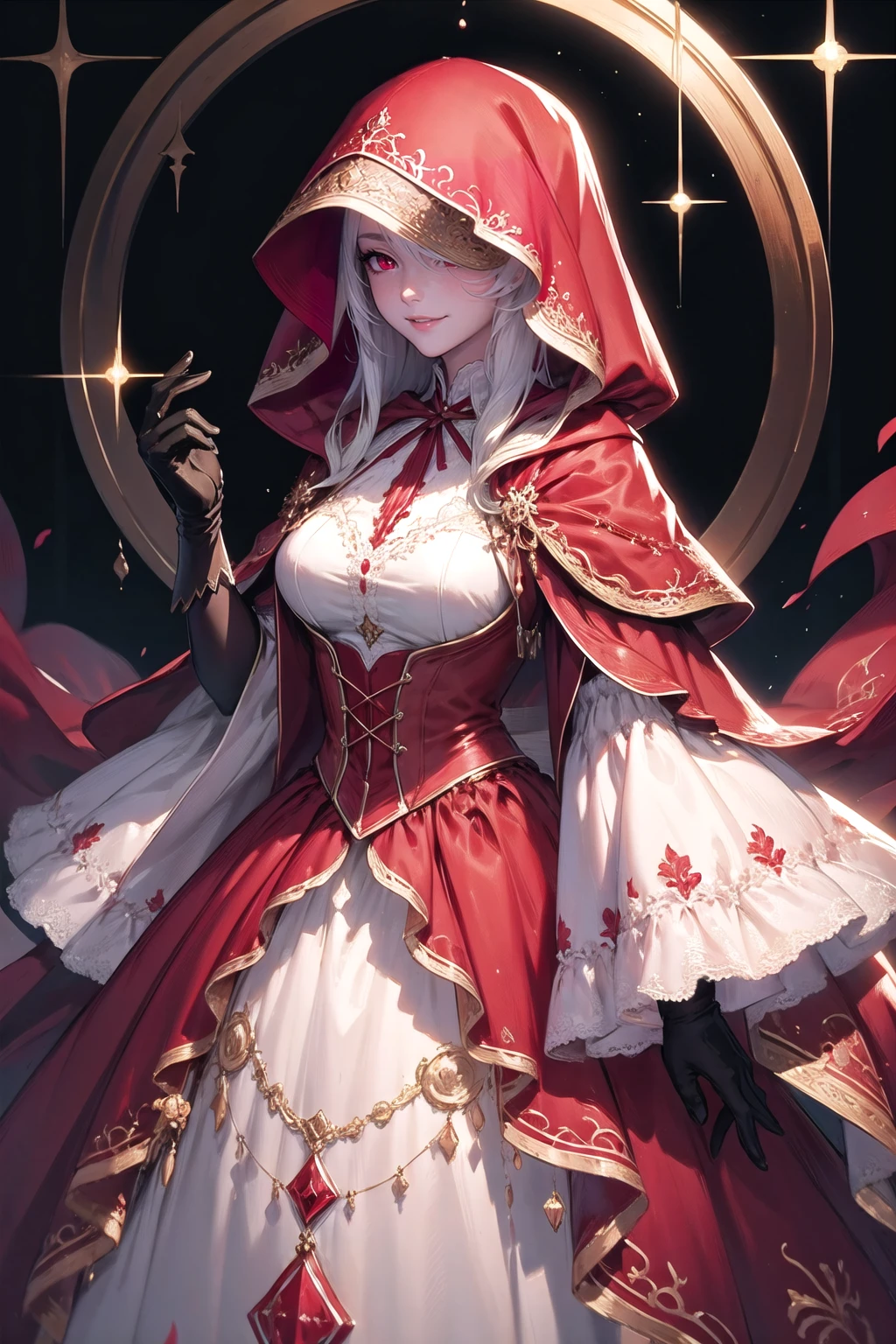 <lora:wrenchshadowshroud-000009:0.8>, wrenchshadowshroud, 1girl, light smile, gown, long long hair, white hair, gloves, red dress, red eyes,