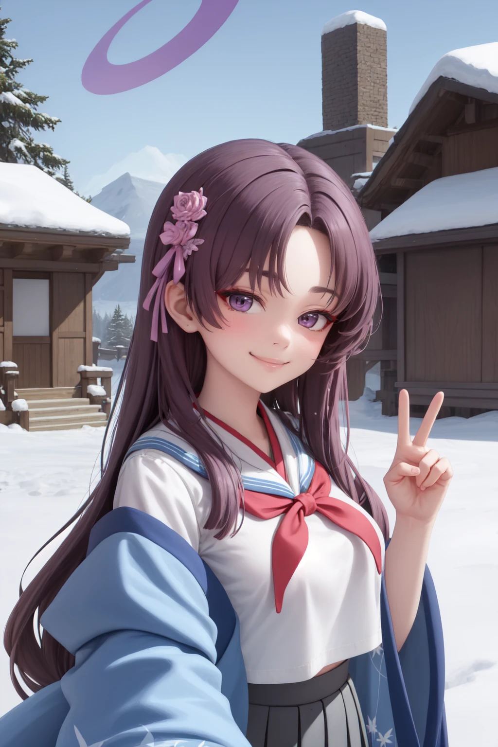 (masterpiece:1.3), (absurdres:1.3), (best quality:1.3), (ultra-detailed:1.3), snow, outdoors, upper body, smile, peace sign, <lora:yukari-fi-08:1>, 1girl, yukari-fi, halo, wide sleeves, white shirt, white serafuku, sailor collar, blue kimono, open kimono, blue skirt,