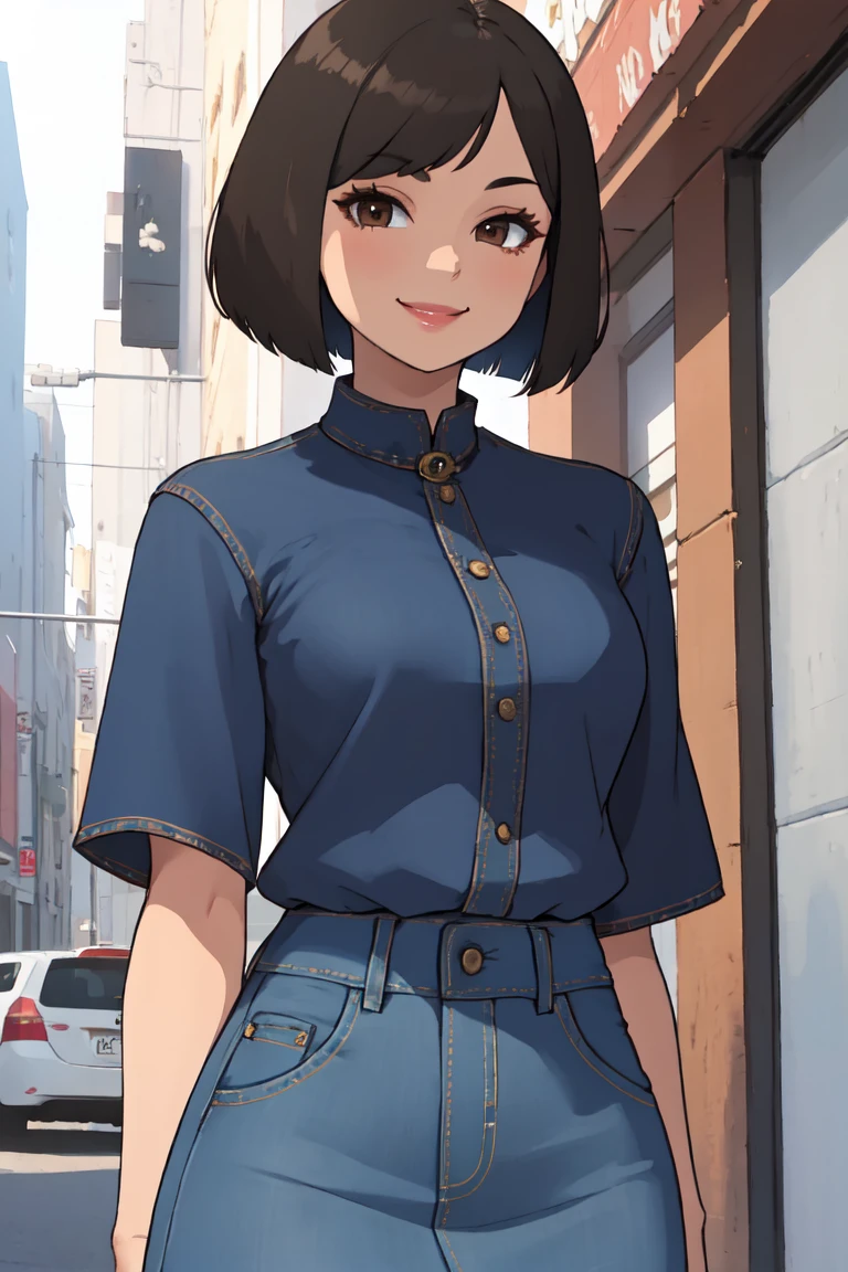 ((masterpiece,intricate details)),1girl,mature female,bob cut,brown eyes,smile,,
Classic denim midi skirts
((upper body))