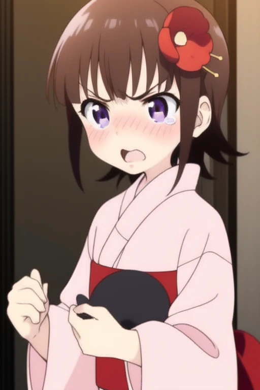 <lora:Suzu:1> Suzu, 1girl, japanese clothes, blush, solo, purple eyes, kimono, short hair, brown hair, open mouth, hair ornament, flower, tears, pink kimono, hair flower, doll, angry