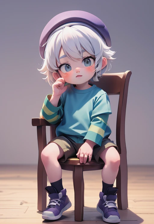 bsgus , sleeves , blue shirt , shorts , white hair ,Striped sleeves , headwear , shoes <lora:bsgus:0.7> ,sit in a chair, masterpiece, best quality