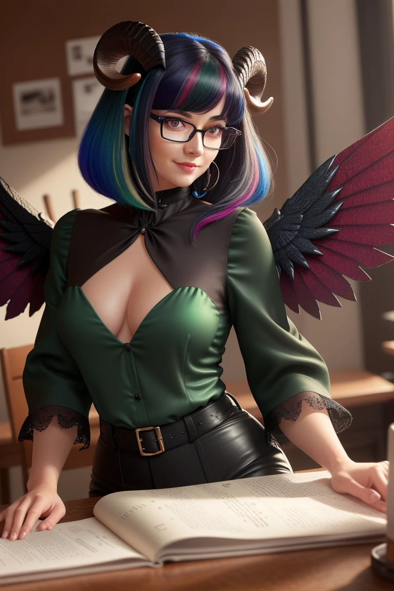 (best quality, masterpiece, beautiful and aesthetic, colorful, dynamic angle), Alberto Vargas style, Winged Succubus secretary, smirking, standing behind a desk, leaning forward, (wearing glasses), (Small dark green and black colored wings on her back), (Kaitoke colored hair: 1.2), red eyes, (dark green leather bodice: 1), (white cotton long puffy sleeve blouse: 1.1), (small maroon silk tie), (black ram horns: 1.1), (hyper realism, soft light, dramatic light, sharp, HDR, official art, extreme detail, highest detail)