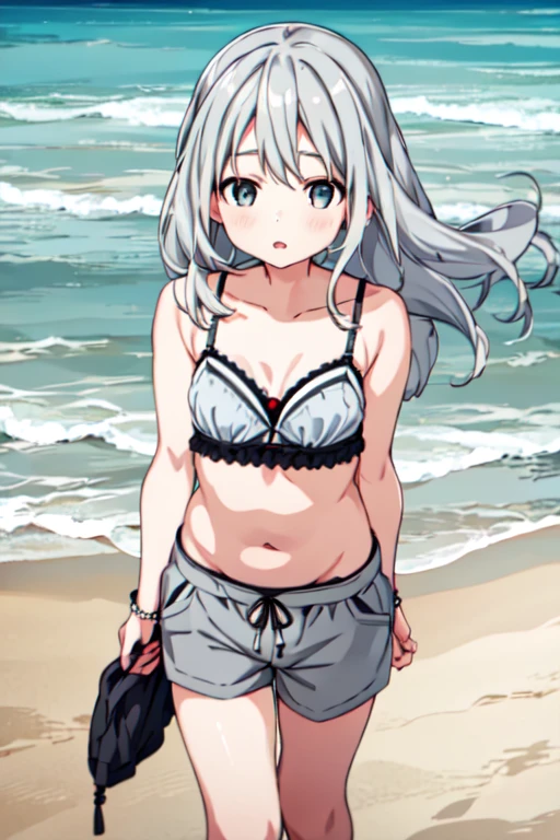 <lora:HotaruHiraiwaR4:0.7>, HotaruHiraiwaR4, 1girl, grey hair, grey eyes, bra, shorts, beach, long hair,